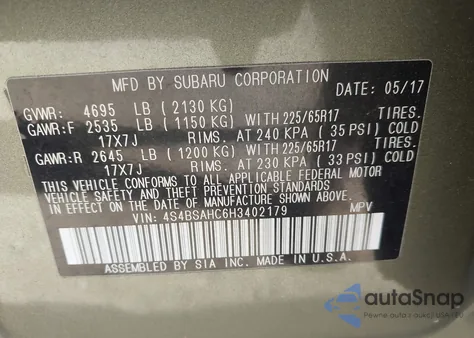 2017 Subaru Outback 2.5I Premium z USA, uszkodzony, nr VIN 4S4BSAHC6H3402179